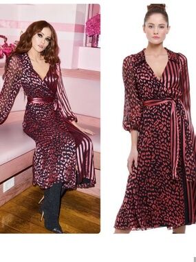 Alice + Olivia Abigail Wrap Dress in Rose Pink and Black Animal & Stripe, size 8